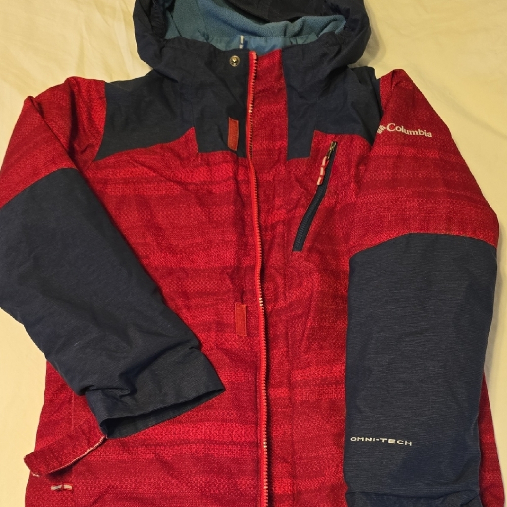 Columbia Omni-Tech Interchange Red Navy Blue Hooded Winter Jacket Kids Medium